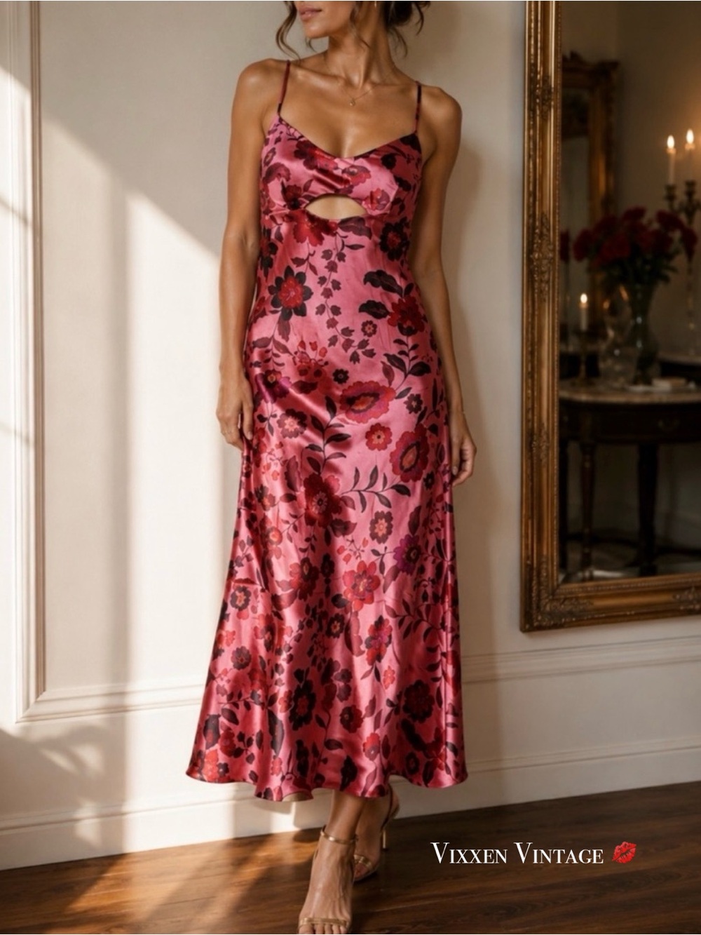 HOUSE OF HARLOW 1960 FLORAL SATIN V-NECK MIDI SLIP DRESS IN PINK